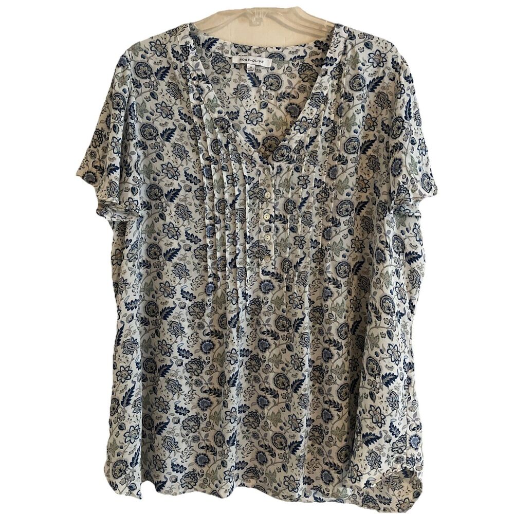 Rose + Olive Blouse Womens 1X Blue White Flutter Sleeve Boho Peasant Cottagecore